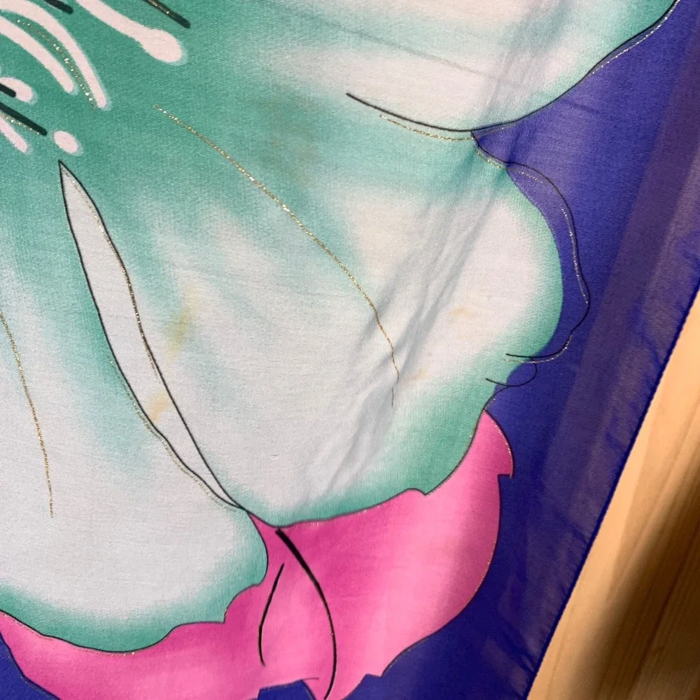 Moda Italy Scarf Womens OS Purple Teal Floral Chiffon‎ Gold Metallic Trim Shawl